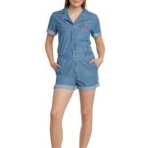 ✅ Dickies‎ Overall Cuffed Denim Shortall Blue Snap Zipper Closure Junior Medium